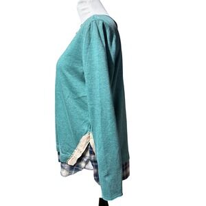 Tru‎ Luxe Jeans Mixed Media Top Womens M Teal Green Plaid Hem Pullover